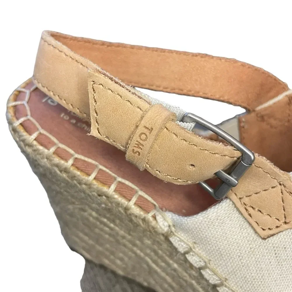 Tom's Monica Wedge Espadrille Adjustable Strap Creme Color Open Toe Size 10